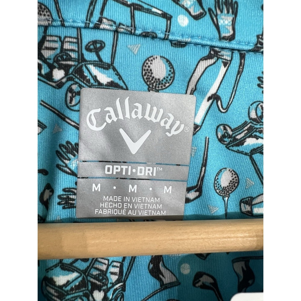 Callaway Opti-Dri Mens Medium AOP Golf Polo Shirt Blue Club Balls NWT